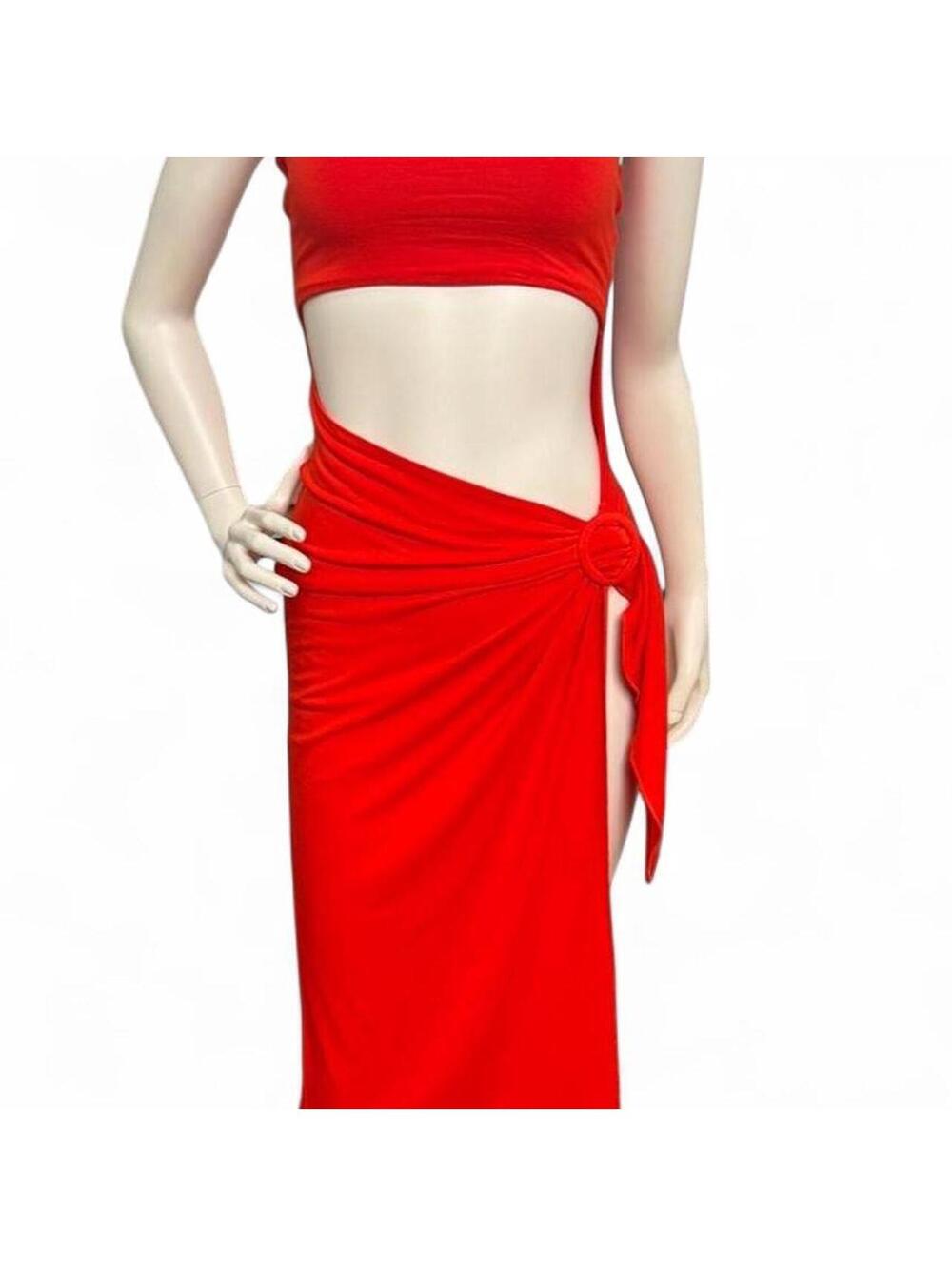 Naked Wardrobe Cutout Midi Dress Red Strapless Side Slit O-Ring Bodycon